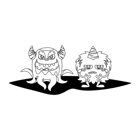 grappige monsters paar stripfiguren monochroom vector