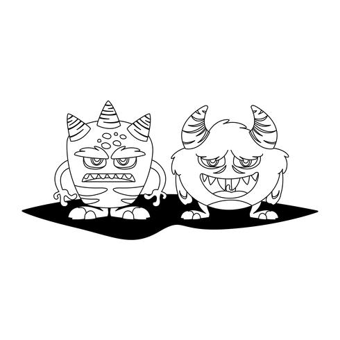 grappige monsters paar stripfiguren monochroom vector