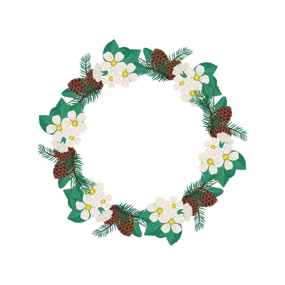 krans van kersen- of appelwitte bloemen met sparrennaalden en kegels. lentebloeiende compositie of frame met bladeren. feestelijke decoratie voor bruiloft, vakantie en ansichtkaart. platte vectorillustratie vector