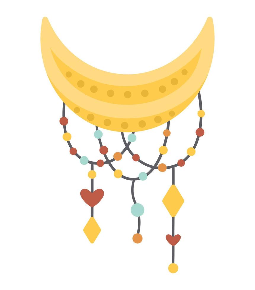 vector boho halve maan met hangers. Boheemse horizontale halve maan pictogram geïsoleerd op een witte achtergrond. hemelse sierlijke illustratie met sterren.