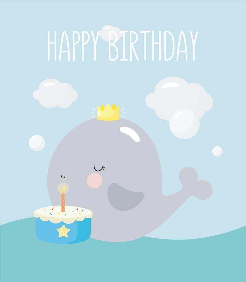 verjaardagsfeestje, wenskaart, uitnodiging voor feest. kinderillustratie met schattige babywalvis met de inscriptie één. vectorillustratie in cartoon-stijl. vector