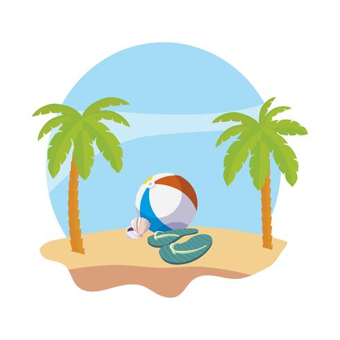 zomer strand met palmen en ballon speelgoed scène vector