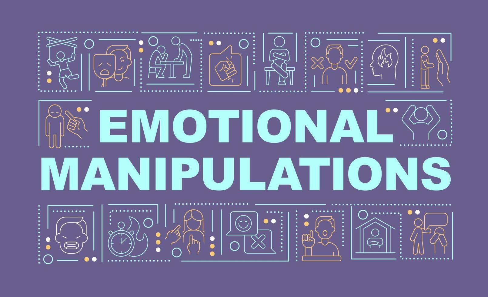 psychologische manipulaties woordconcepten donkerpaarse banner. emotionele schade. infographics met pictogrammen op een achtergrond in kleur. geïsoleerde typografie. vectorillustratie met tekst. arial-zwart lettertype gebruikt vector