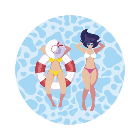 meisjes met zwempak en badmeester drijven in water vector