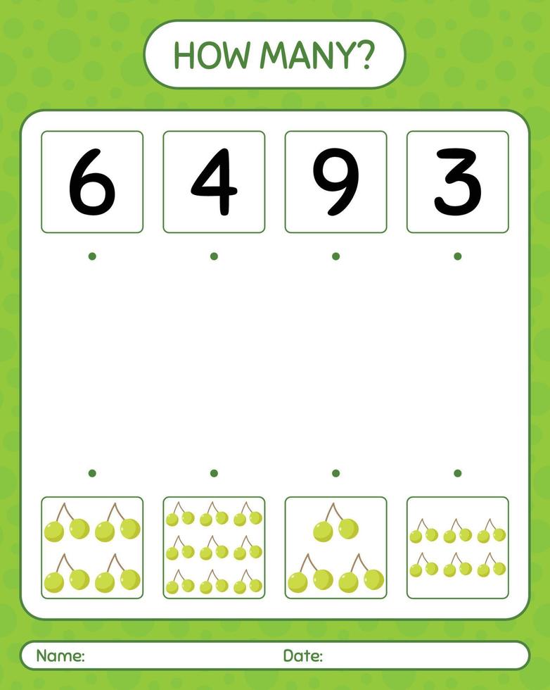 hoeveel tellen spel met quenepa. werkblad voor kleuters, activiteitenblad voor kinderen, afdrukbaar werkblad vector
