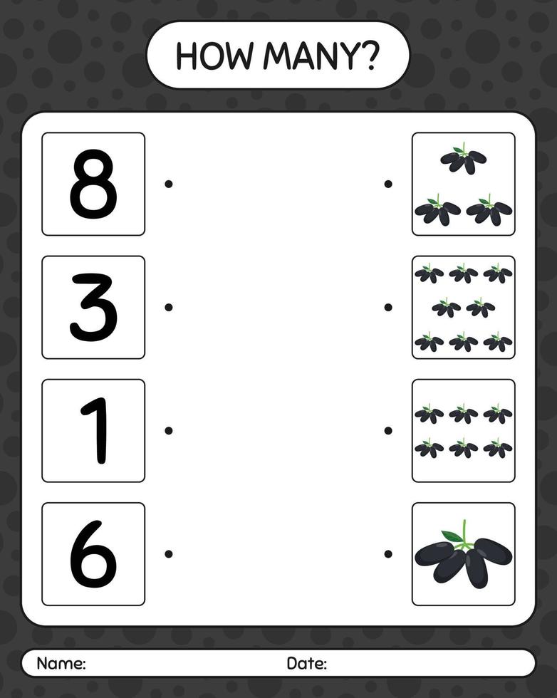 hoeveel telspel met jambolan. werkblad voor kleuters, activiteitenblad voor kinderen, afdrukbaar werkblad vector