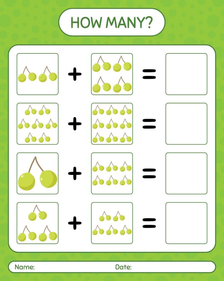 hoeveel tellen spel met quenepa. werkblad voor kleuters, activiteitenblad voor kinderen, afdrukbaar werkblad vector