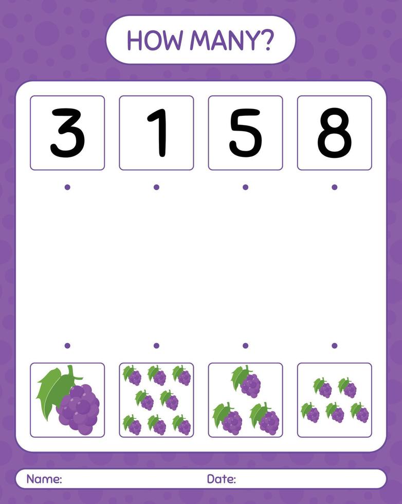 hoeveel tellen spel met druif. werkblad voor kleuters, activiteitenblad voor kinderen, afdrukbaar werkblad vector