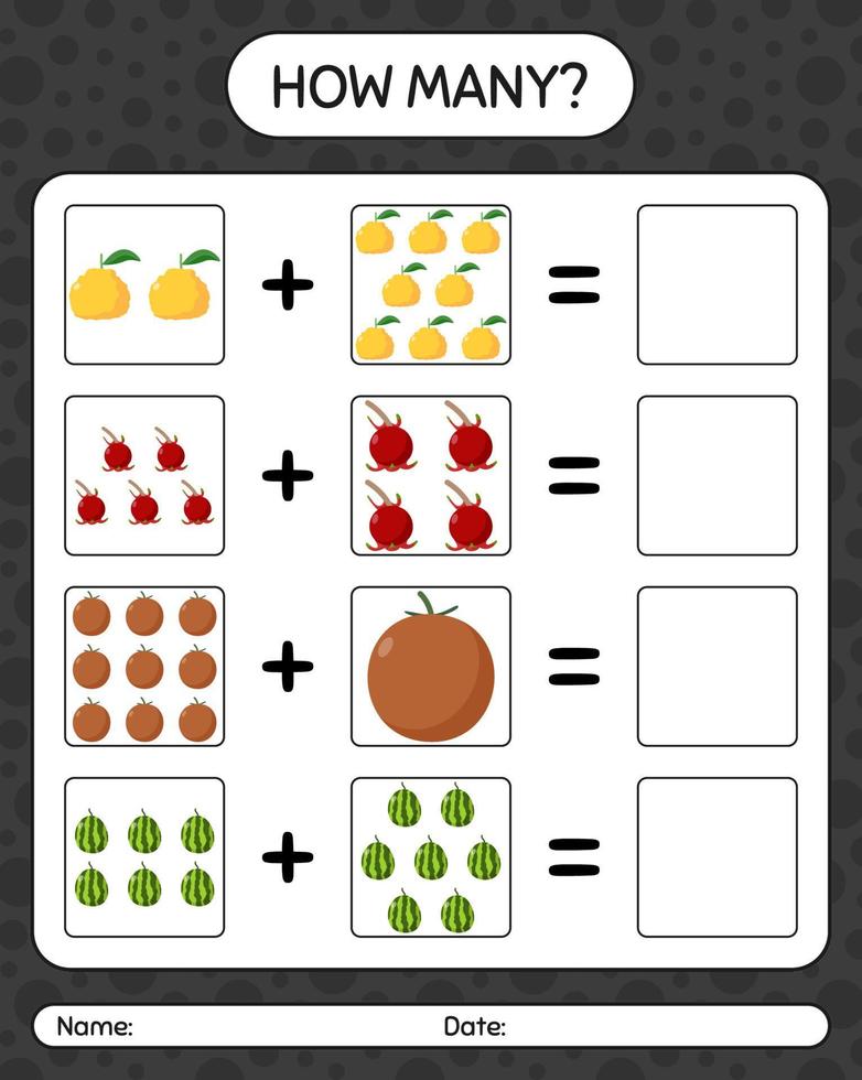 hoeveel tellen spel met fruit. werkblad voor kleuters, activiteitenblad voor kinderen, afdrukbaar werkblad vector