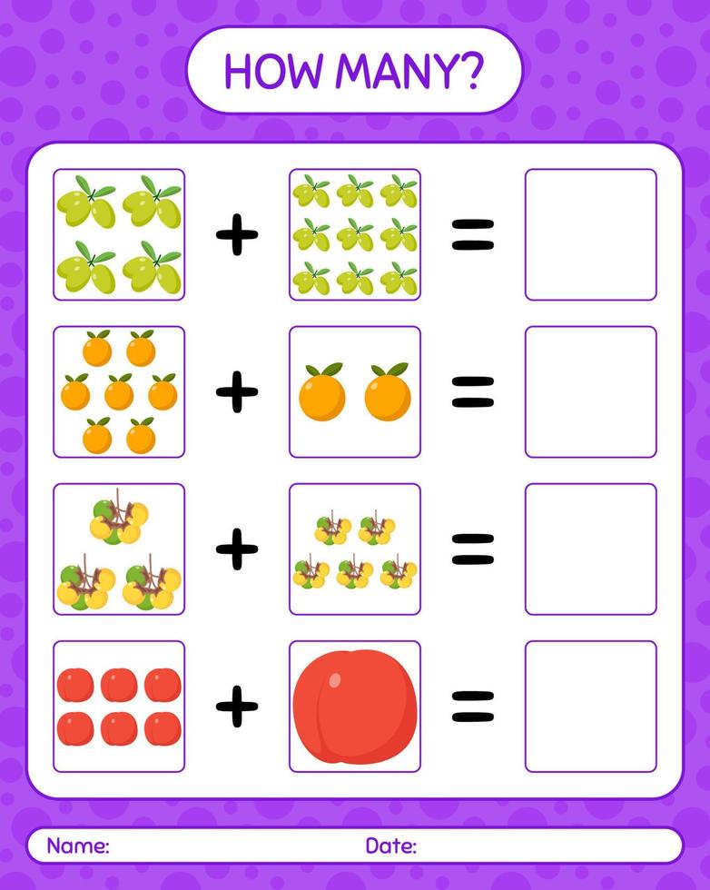 hoeveel tellen spel met fruit. werkblad voor kleuters, activiteitenblad voor kinderen, afdrukbaar werkblad vector