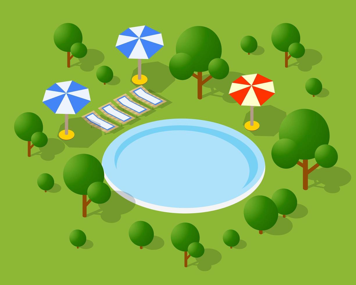 isometrische 3D-pool en parasols van stedelijke infrastructuur vector