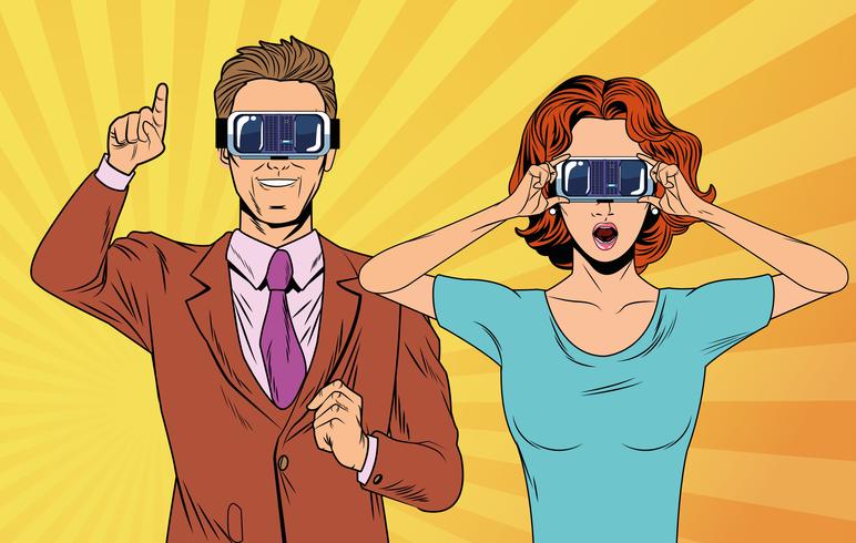 popart paar met behulp van virtual reality-bril vector