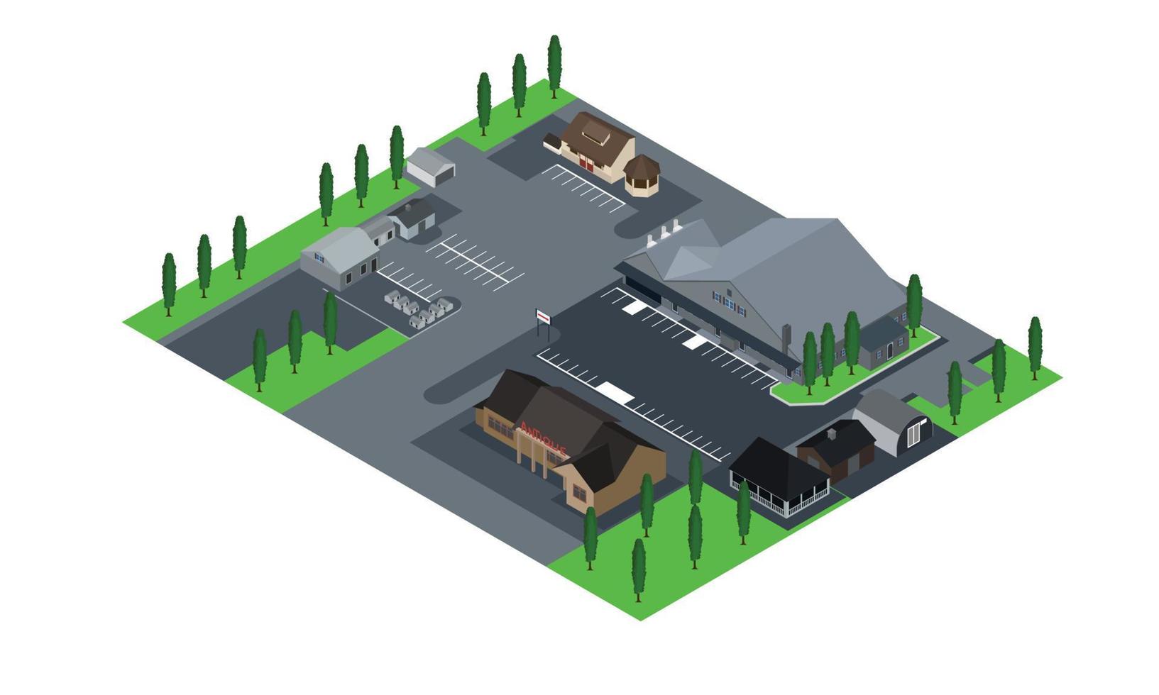 isometrische stijlillustratie van een gebouw en een parkeerplaats vector