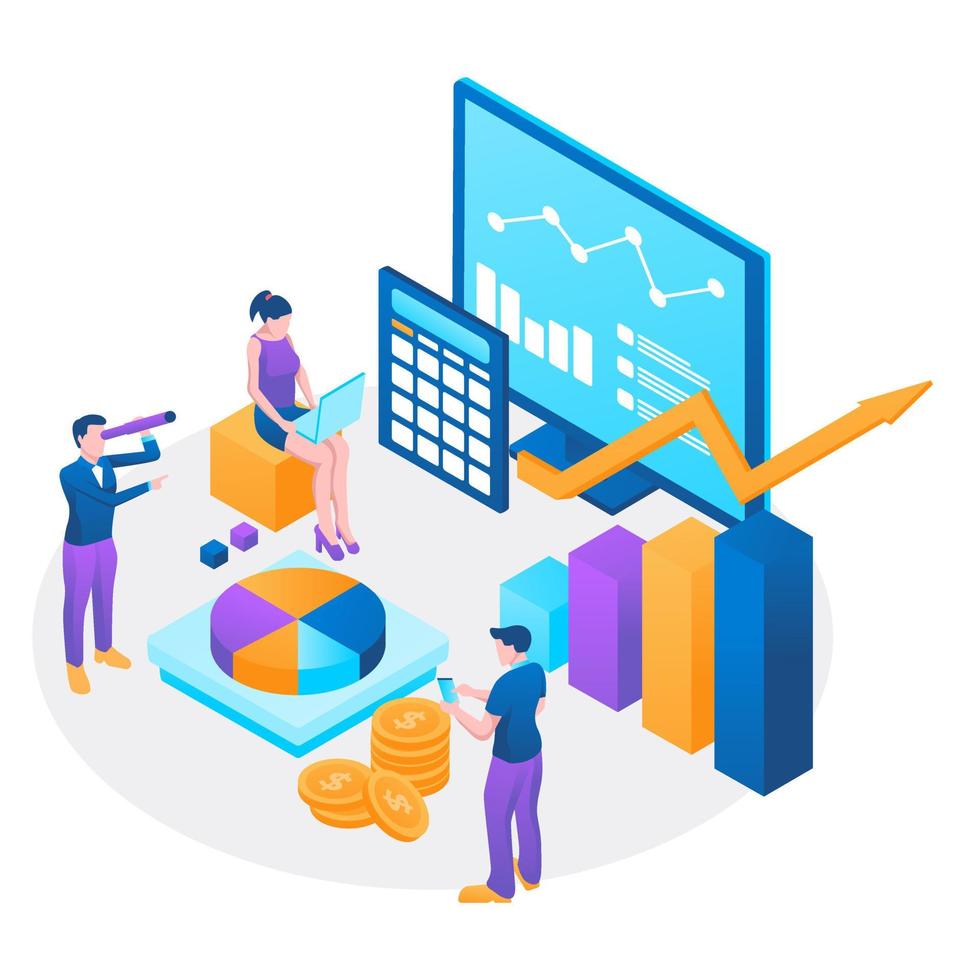 auditing, bedrijfsanalyseconcept met karakters. concept van kansen. grafische en auditdocumentatie, economische analyse financiële begroting. illustratie platte isometrische vector achtergrond