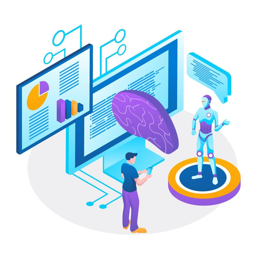 menselijke interactieve technische interactie. afbeeldingen van robotmensen die op kantoor werken, kunnen worden gebruikt voor webbanner, infographics, heldenafbeeldingen. platte isometrische vectorillustratie geïsoleerd op een witte achtergrond. vector