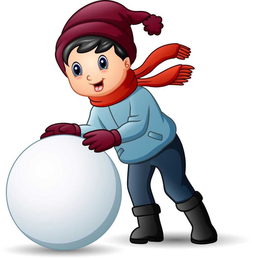 schattige kleine jongen in winterkleren die een sneeuwbal speelt vector