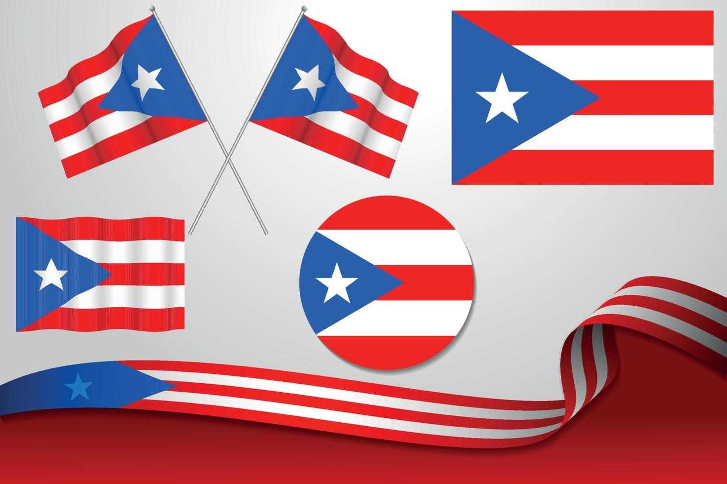 set van puerto rico vlaggen in verschillende ontwerpen, pictogram, vlaggen villen met lint met achtergrond. vector