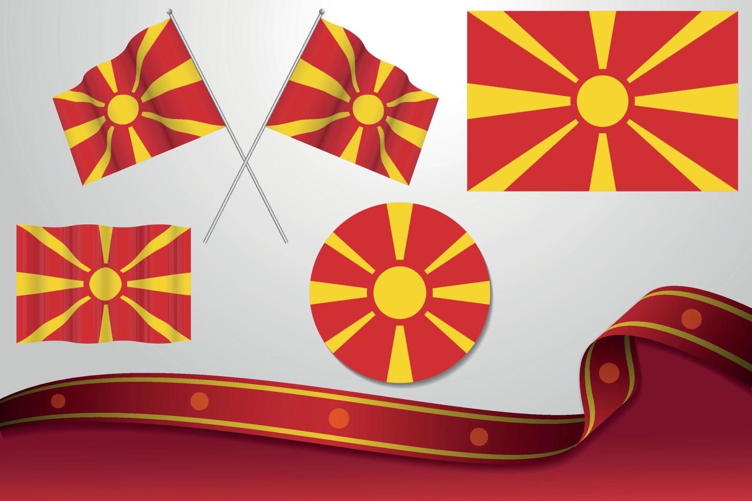 set vlaggen van noord-macedonië in verschillende ontwerpen, pictogram, vlaggen met lint met achtergrond villen. vector