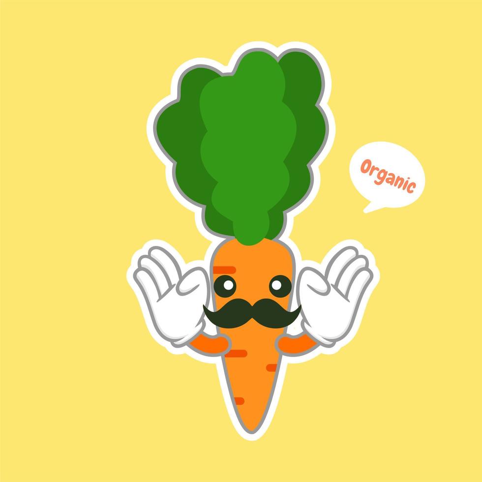 kawaii en schattig wortel emoji karakter geïsoleerd op een achtergrond in kleur. kawaii-stijl verse grappige oranje wortel en toespraak bubble slogan. platte ontwerp cartoon voedsel emoticon. lieve stijlvolle karaktersticker vector