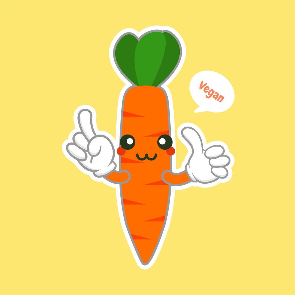 schattig en kawaii illustratie van grappige wortel stripfiguur, veganistisch concept, wortel liefde. voedsel en groente concept.orange wortel logo icoon vector