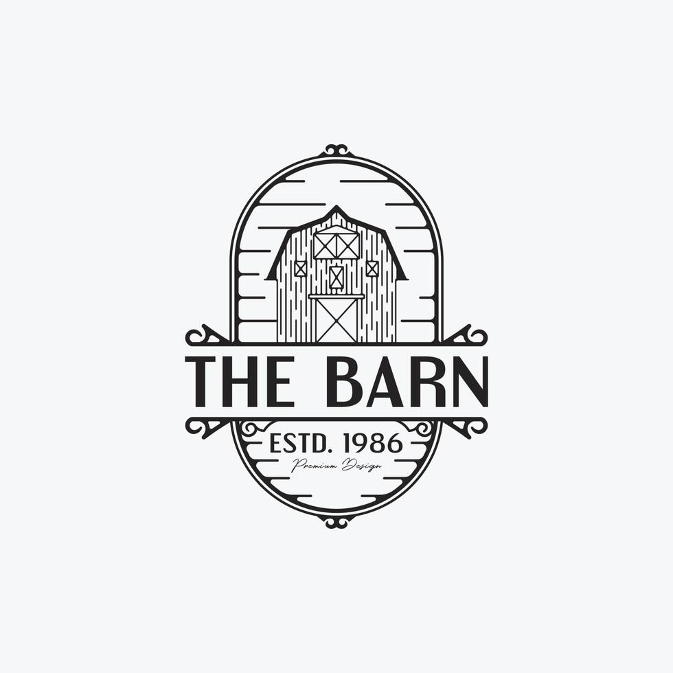 boerderij, magazijn, schuur vintage badge logo ontwerp - vintage lijntekeningen schuur vector