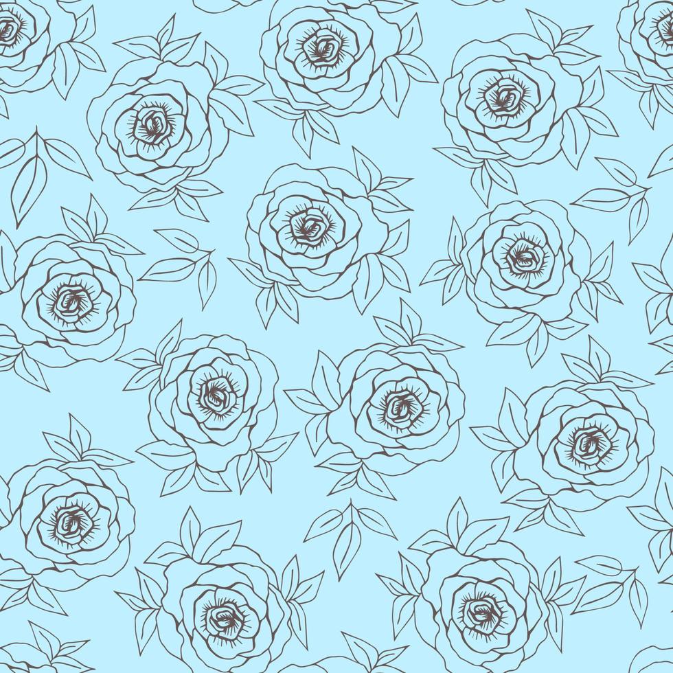 handgetekende bloemen zachte vector naadloze patroon. grijze omtrek van een roze bloem met bladeren op een heldere turquoise, lichtblauwe achtergrond. voor prints van stof, textiel, verpakkingen, kleding.