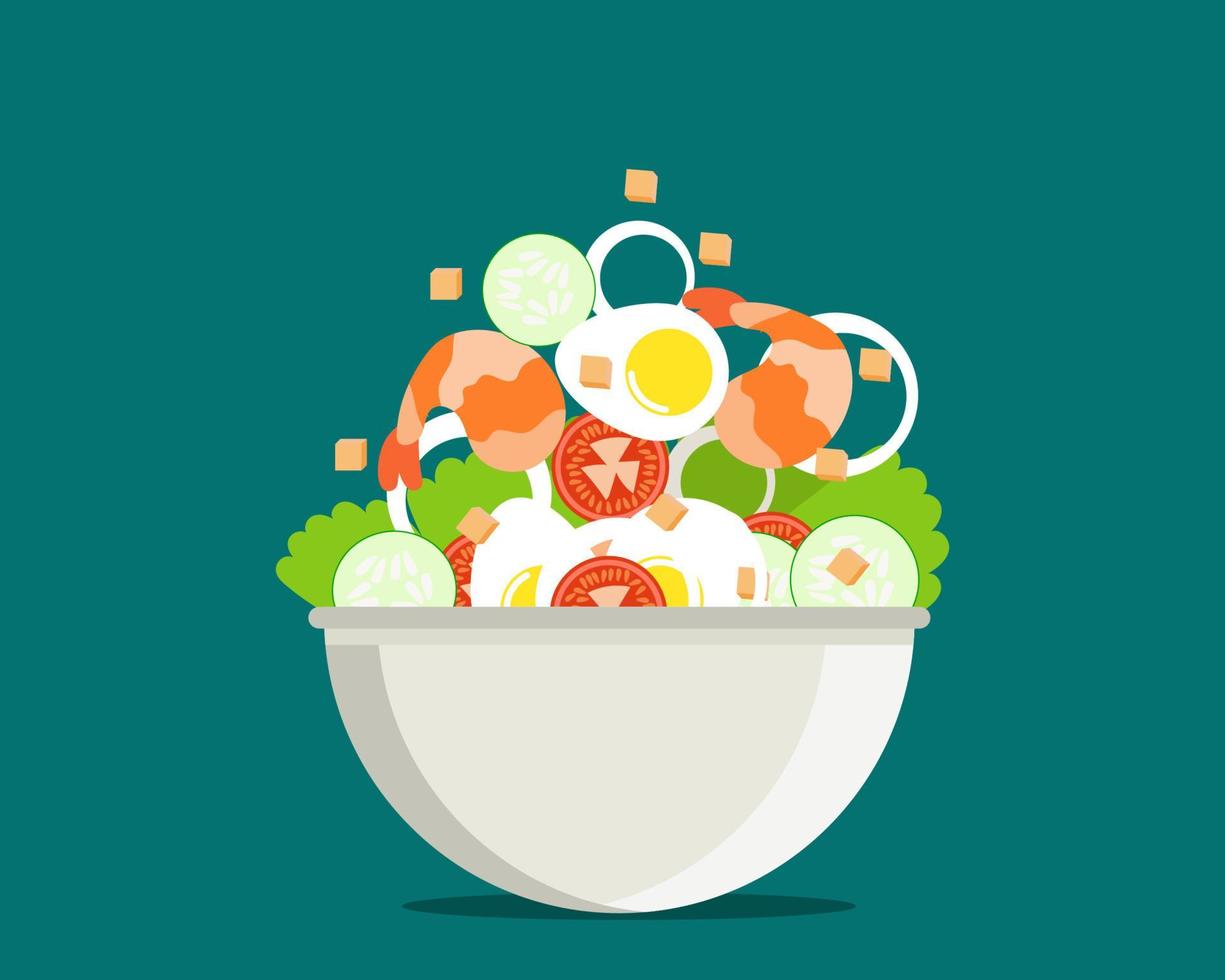 kom salade. komkommer, tomaat, ui, gekookt ei, garnalen fly over bowl. cartoon vectorstijl voor uw ontwerp vector