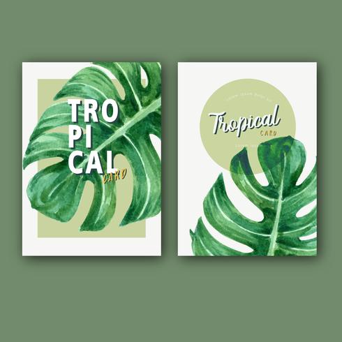 Tropische kaart invitatoin ontwerp zomer met planten gebladerte exotische, creatieve aquarel vector illustratie sjabloonontwerp