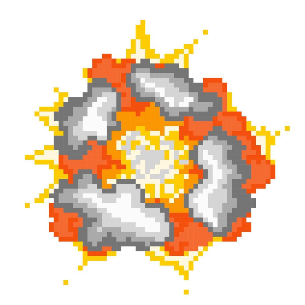 explosie met wolken pixel rook. ontploffende bom rode energie vernietiging en laaiend geel vuur met grijze zure wolken vectorgassen vector