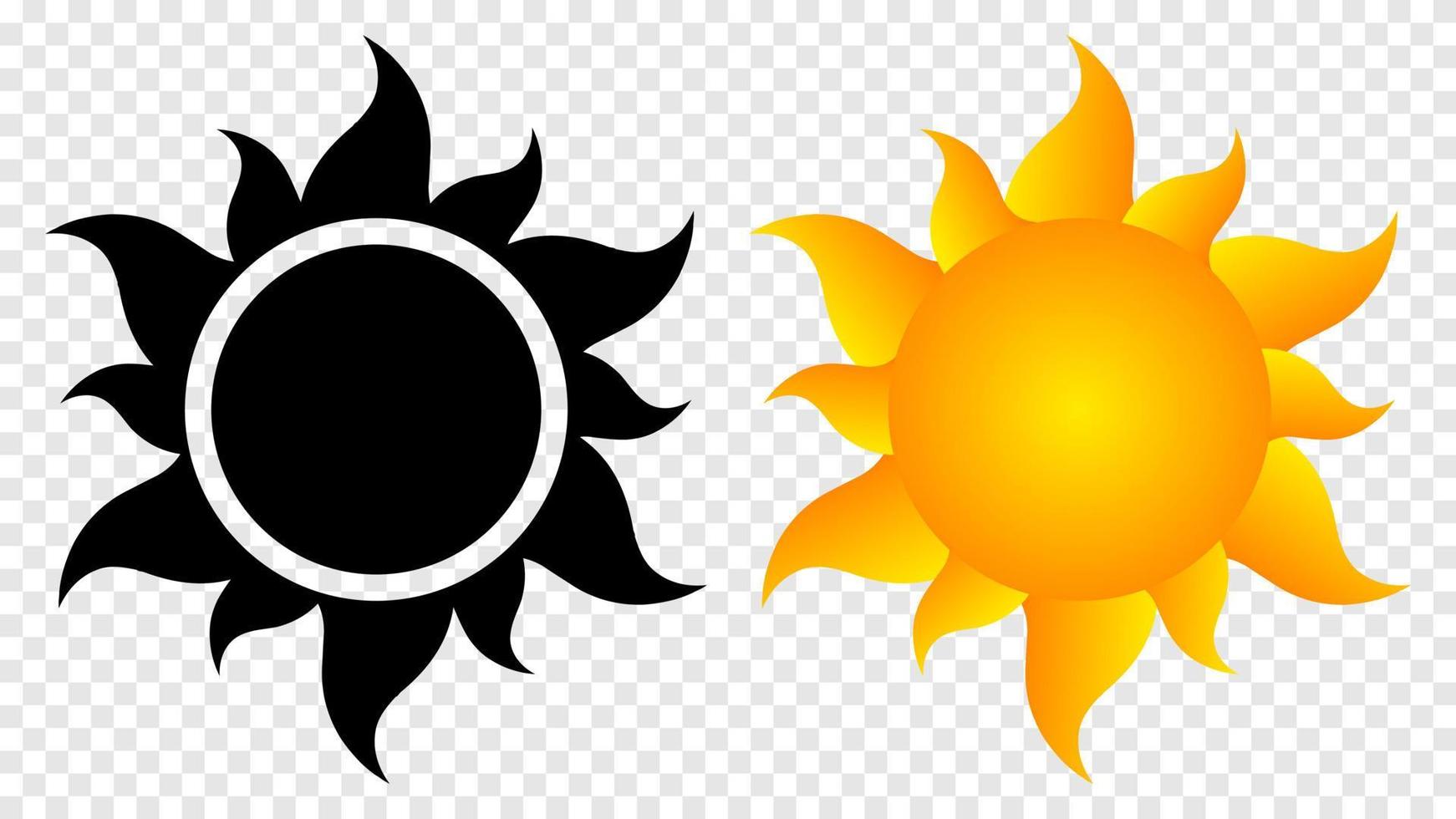 hete zon icoon. oranje ster van de hete zomer en zwart symbool helder weer gele energie vakantie en gelukkig bruinen op vector strand