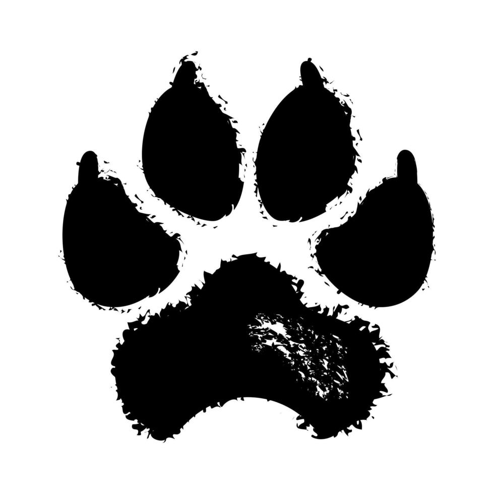 gesmeerde voetafdruk van grote hond icoon. oude zwarte modder wreef voetafdruk woest dier rent achter vectorprooi aan vector