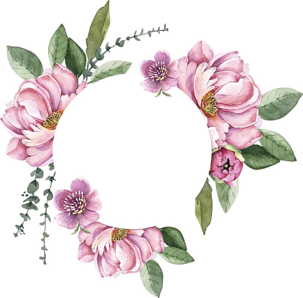 rond frame met delicate roze aquarel bloemen pioenrozen, met de hand geschilderd. vector