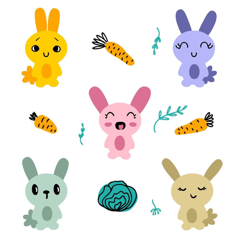 konijntjes en groenten doodle pictogrammen Pasen collectie. vector