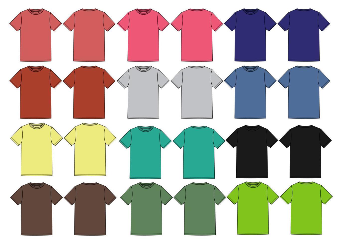 multicolor regular fit korte mouw basic t-shirt technische mode platte schets vector illustratie sjabloon voorzijde, achteraanzichten. kleding ontwerp mock-up tekening illustratie.