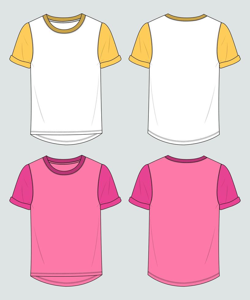 korte mouw two tone kleur t-shirt tops technische mode platte schets vector illustratie sjabloon voor dames. kleding kleding ontwerp mock-up cad.