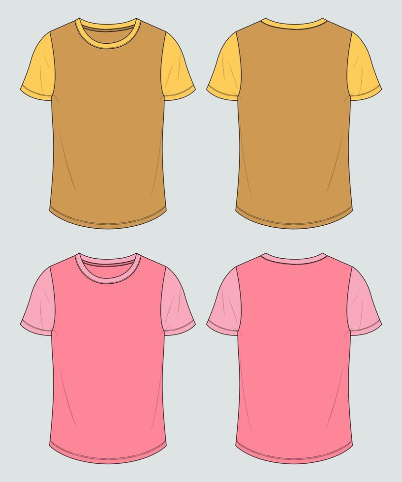 korte mouw two tone kleur t-shirt tops technische mode platte schets vector illustratie sjabloon voor dames. kleding kleding ontwerp mock-up cad.