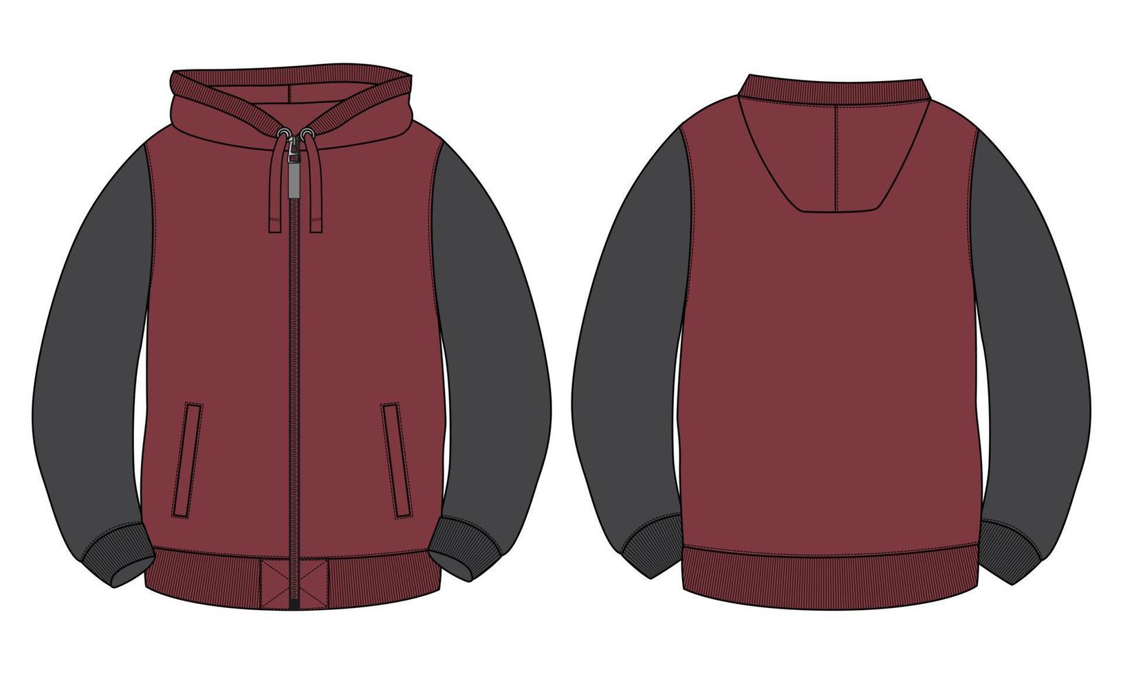 two tone rode en zwarte kleur hoodie technische mode platte schets vector illustratie sjabloon voor- en achterkant uitzicht geïsoleerd op een witte achtergrond.