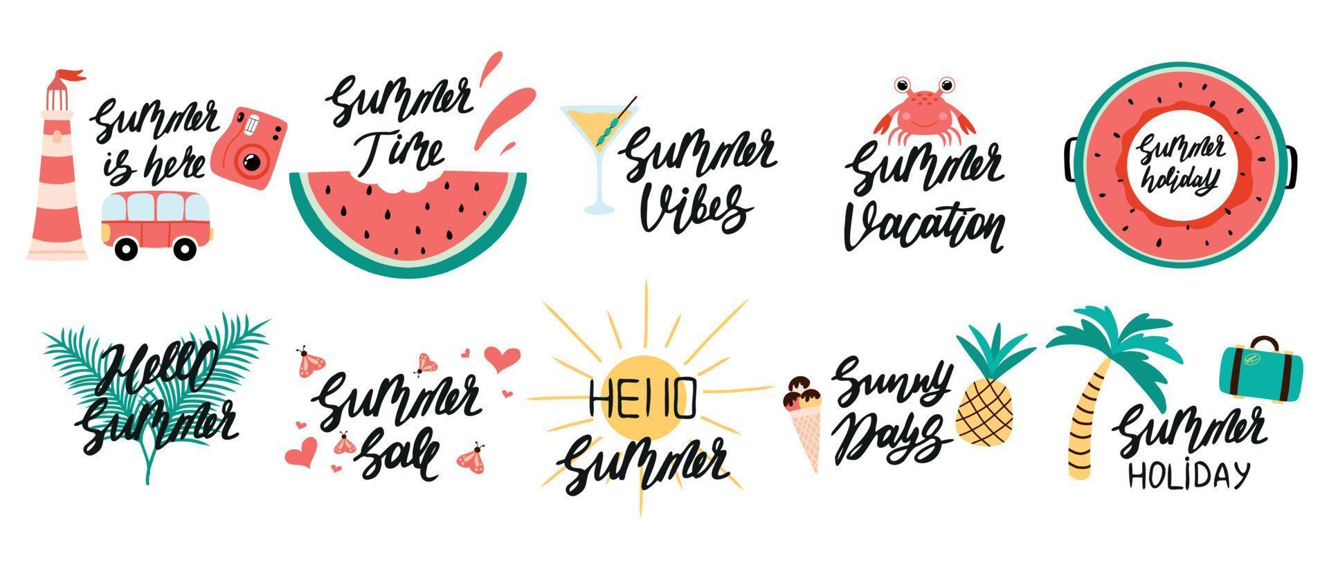 zomerlabels, logo's, handgetekende tags en elementen voor zomervakantie, reizen, strandvakantie, zonneschijn. vectorillustratie. zomer belettering set. vector