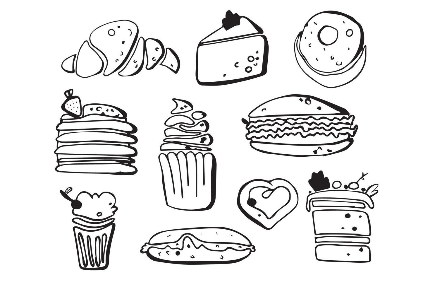met de hand getekende snoepjes, desserts en snoepjes. ijs, cake, donut. vectorkrabbels. zwart en wit. vector