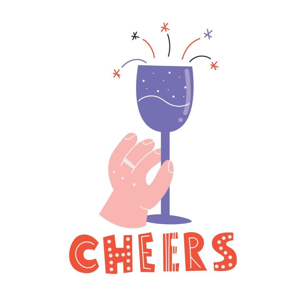 vrouw hand met een glas champagne. proost toast belettering. vectorillustratie. vector