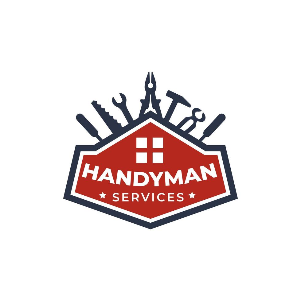 logo ontwerp symbool van reparatie en renovatie van klusjesman tools met gereedschap, moersleutel, schroevendraaier, hamer, tang, zaag, schroot. vector