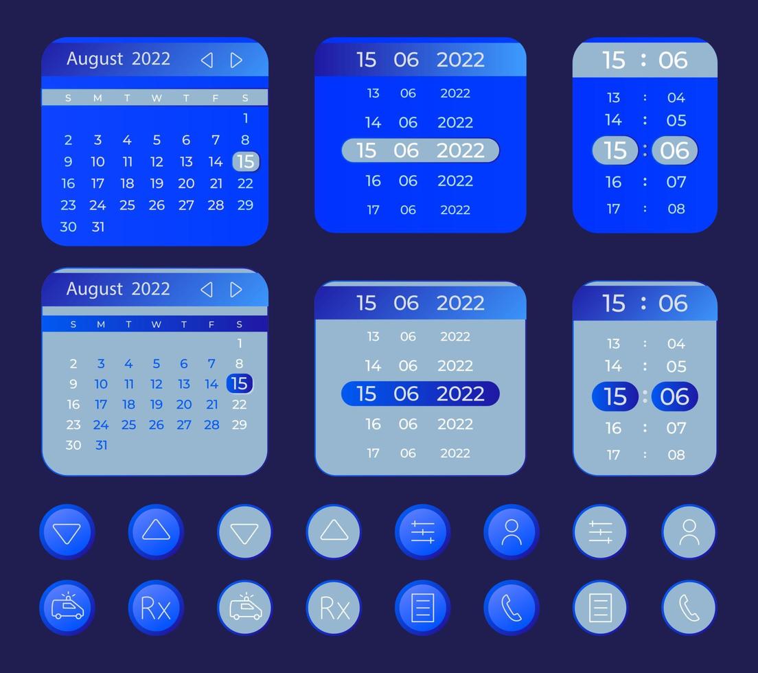 online geneeskunde schema ui elementen kit. geïsoleerde vectorcomponenten. platte navigatiemenu's en interface-knoppensjabloon. verzameling webdesign-widgets voor donker thema voor mobiele applicaties vector