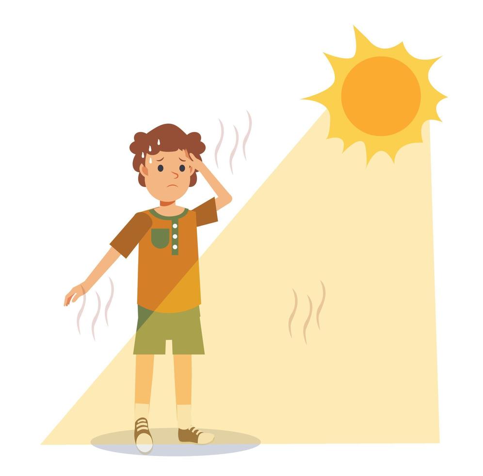 hitteberoerte concept.zonnesteek en zonnebrand risico kleine jongen onder brandende zon. hoge temperatuur, warm weer. zomer: vector