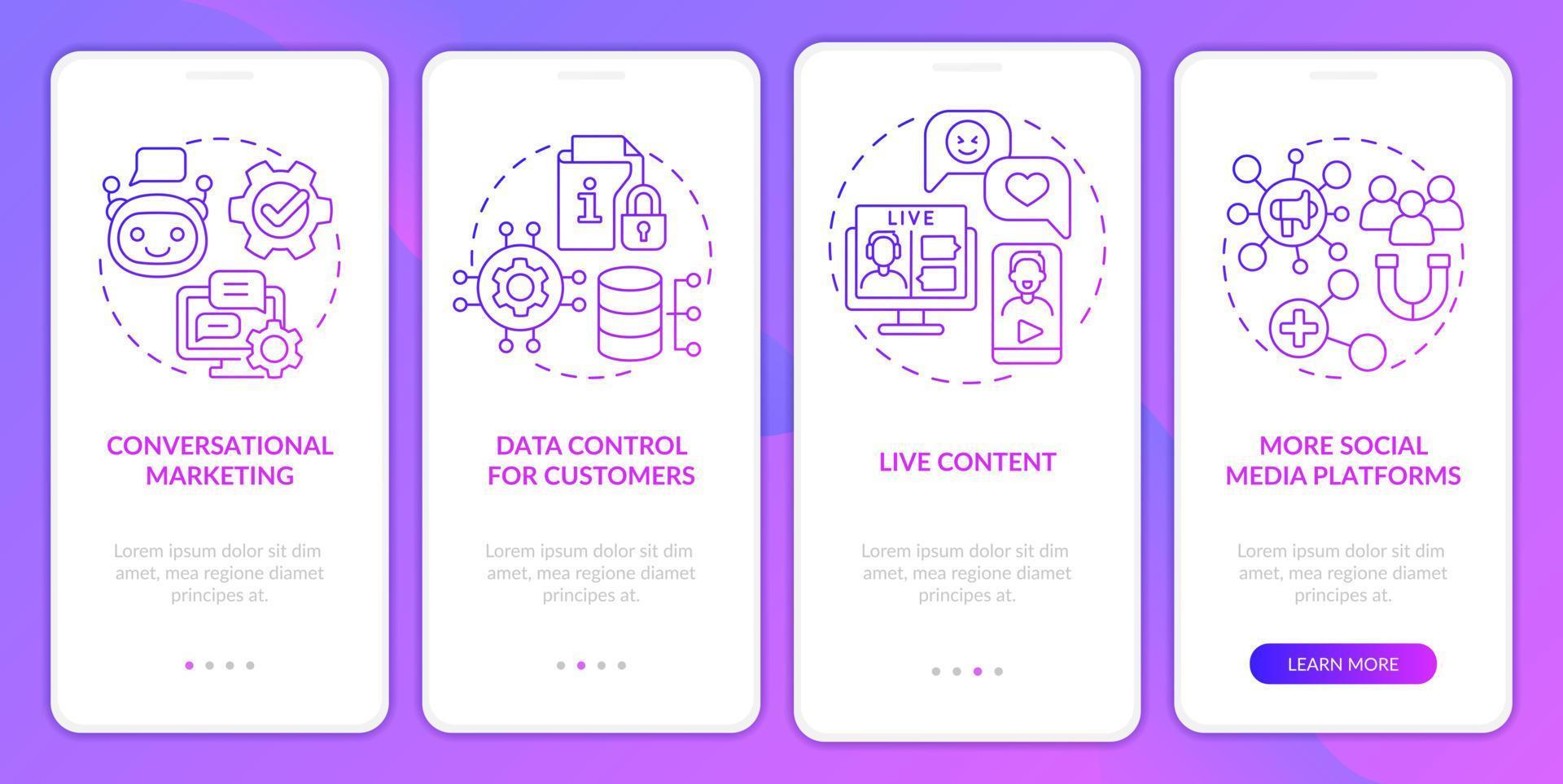 moderne marketingtrends paarse gradiënt onboarding mobiele app-scherm. walkthrough 4 stappen grafische instructiepagina's met lineaire concepten. ui, ux, gui-sjabloon. talloze pro-bold, reguliere lettertypen gebruikt vector