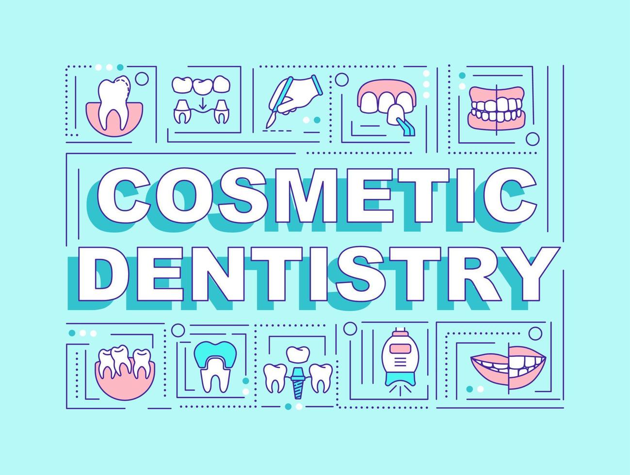 cosmetische tandheelkunde woord concepten mint banner. glimlach verbeteren. esthetiek van het gezicht. infographics met pictogrammen op een achtergrond in kleur. geïsoleerde typografie. vectorillustratie met tekst. arial-zwart lettertype gebruikt vector