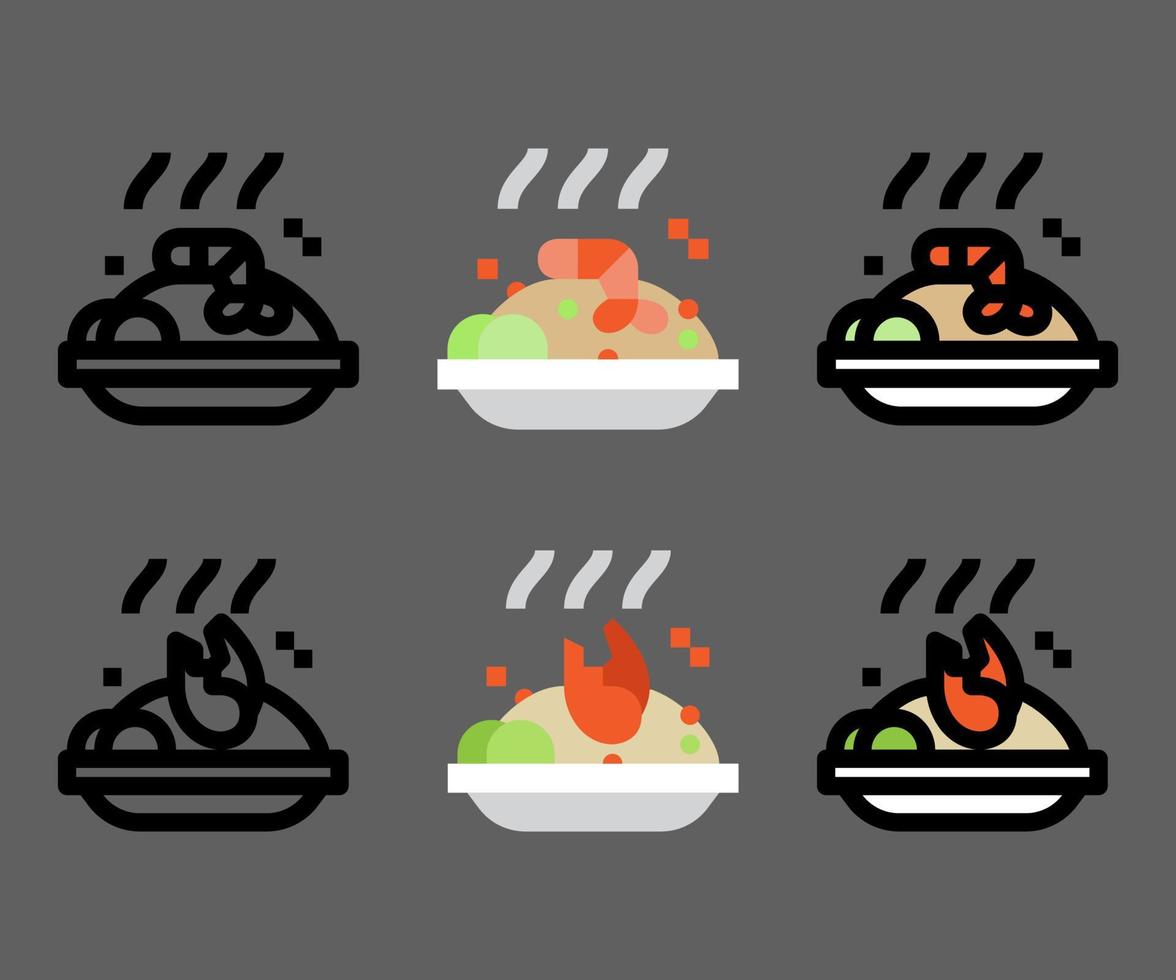 bak rijst met krab en garnalen icon vector set