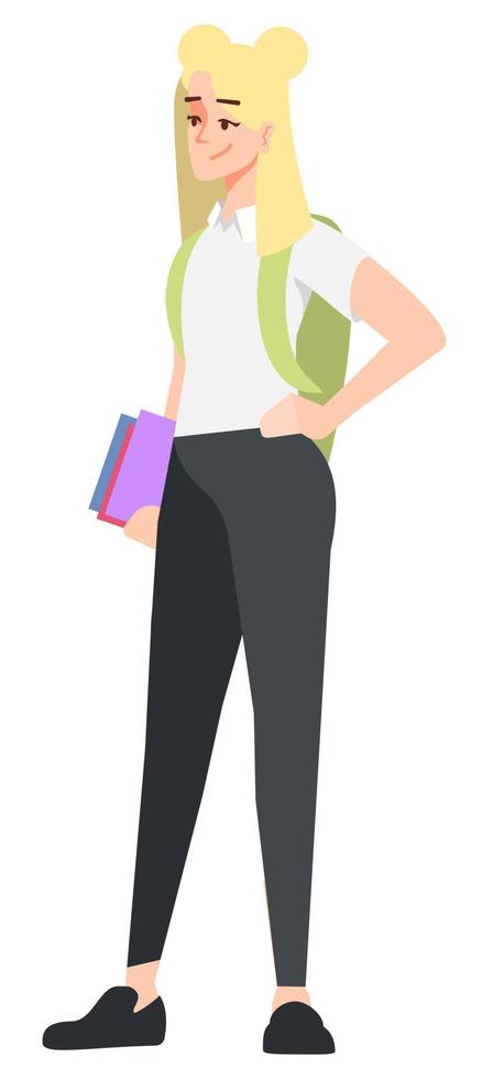 vrouwelijke eerstejaars semi platte rgb kleur vectorillustratie. mooi middelbare schoolmeisje in comfortabel uniform geïsoleerd stripfiguur op witte achtergrond vector