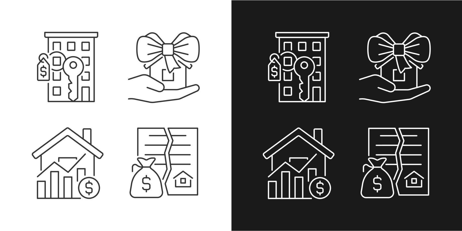 onroerend goed markt lineaire pictogrammen instellen voor donkere, lichte modus. appartement kopen. donatie aan huis. onroerend goed prijs. dunne lijnsymbolen voor nacht, dagthema. geïsoleerde illustraties. bewerkbare streek vector