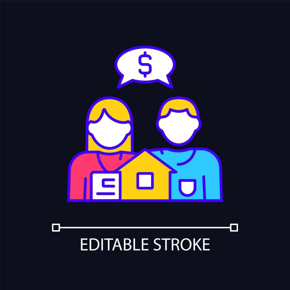 prijsonderhandeling rgb-kleurenpictogram voor donker thema. korting ontvangen. verkoper en koper koopje. verkoop van onroerend goed. eenvoudige gevulde lijntekening op de achtergrond van de nachtmodus. bewerkbare streek. arial lettertype gebruikt vector