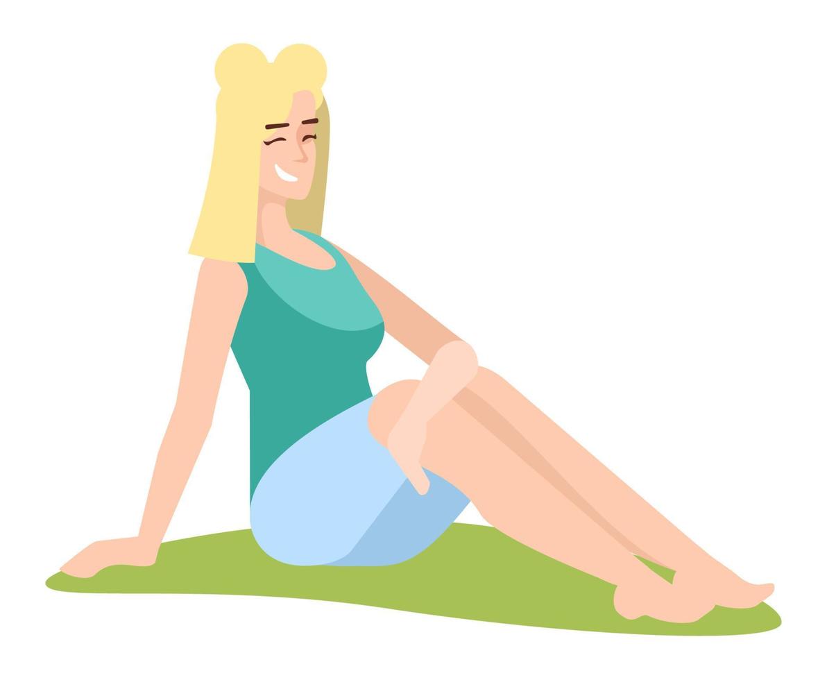 ontspannen in park semi platte rgb kleur vectorillustratie. glimlachend blond meisje geïsoleerd stripfiguur op witte achtergrond vector